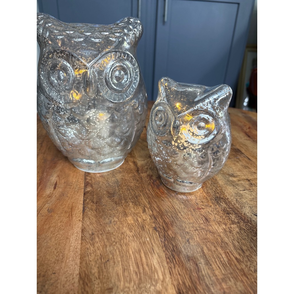 Silver Mercury Glass Owl Figurines Set of 2 Light Up LED Decorative Statues - Picture 7 of 8